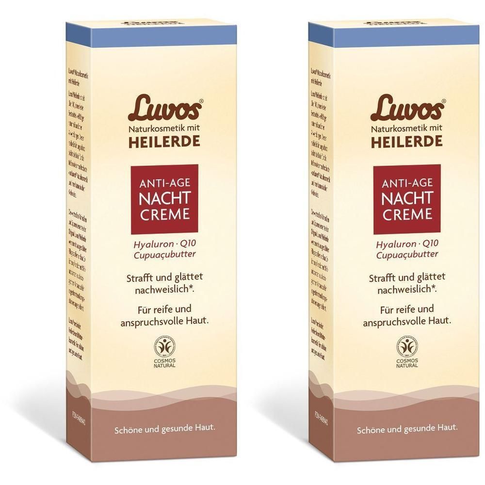 Zwei LUVOS Heilerde Anti-Age Nachtcreme-Verpackungen. Beige-braune Kartons mit Produktinformationen und Logo.