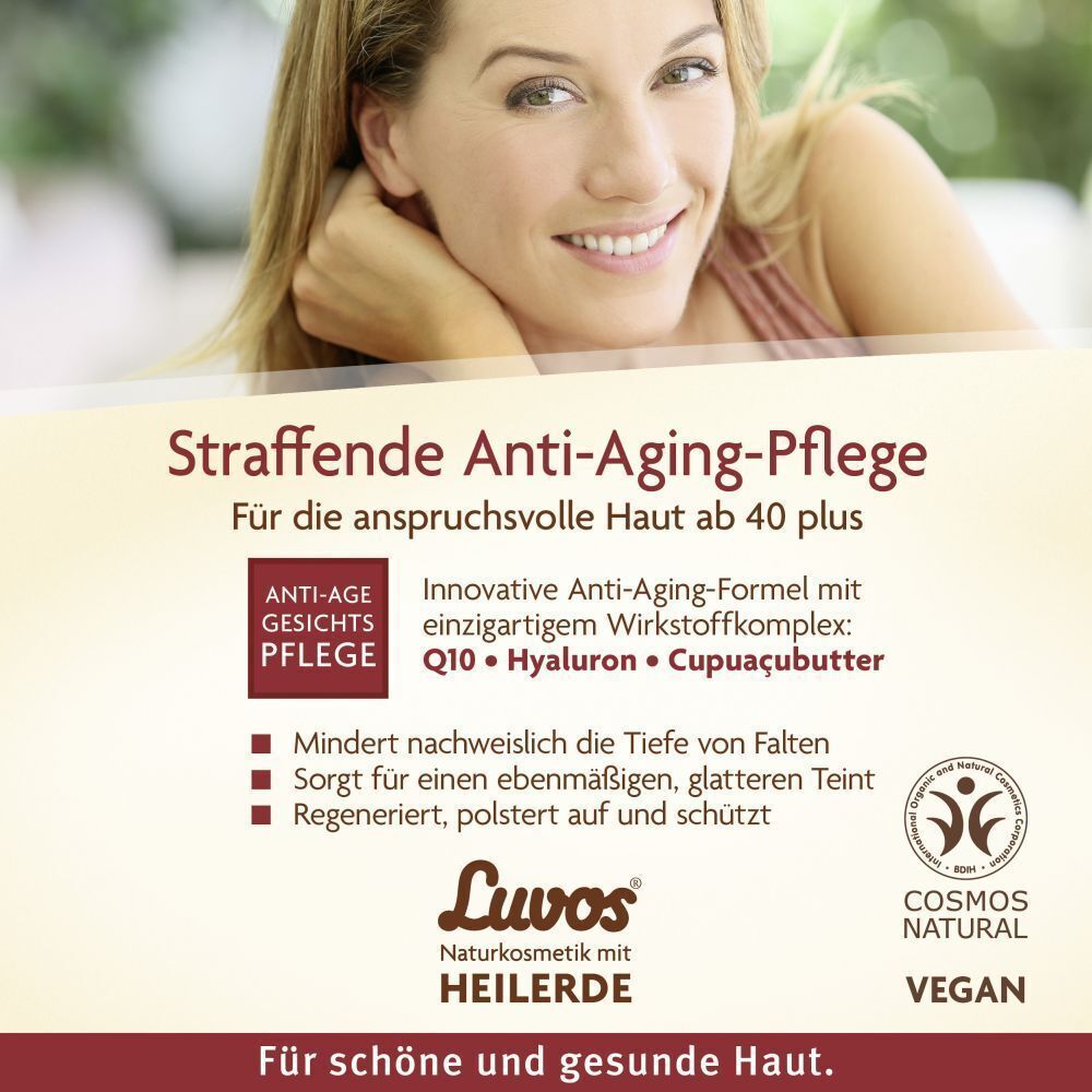 Werbung für LUVOS Anti-Age Gesichtspflege. Frau lächelt. Produktinformationen und Vegan-Zertifizierung.