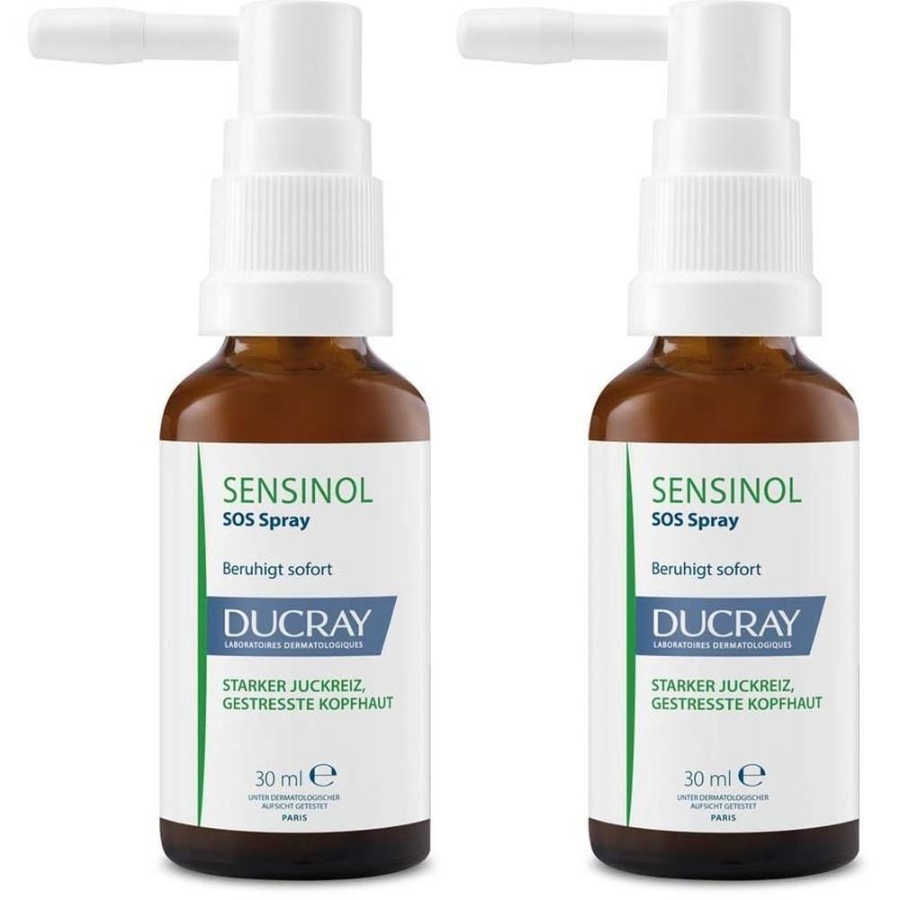 Zwei Flaschen SENSINOL SOS Spray. Braune Glasflaschen mit weißem Sprühkopf. Text: SENSINOL SOS Spray, DUCRAY, 30 ml.