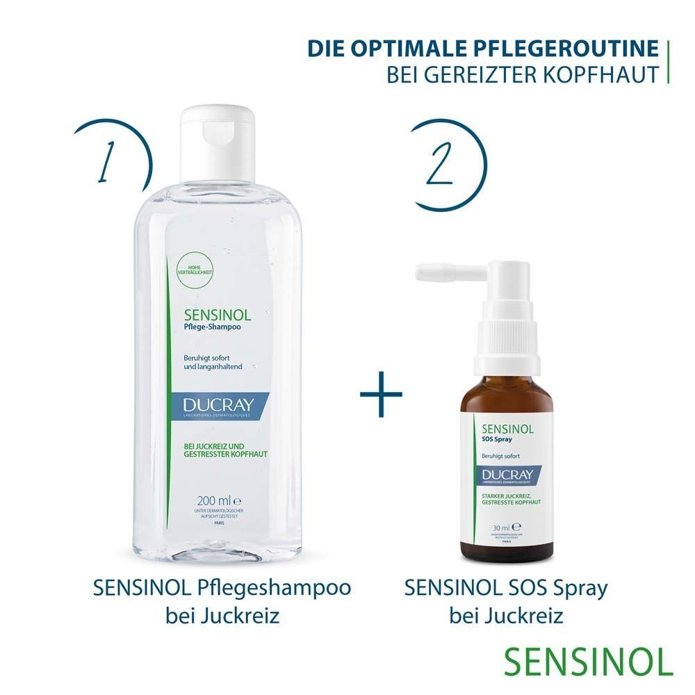 SENSINOL Pflege-Shampoo und SENSINOL SOS Spray. Text: Die optimale Pflegeroutine bei gereizter Kopfhaut. DUCRAY, 200 ml, 30 ml.