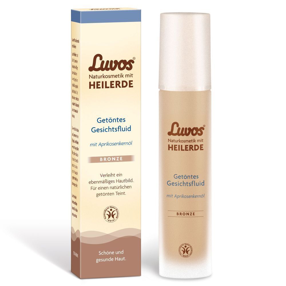 Luvos getöntes Gesichtsfluid Bronze mit Verpackung. Flasche und Verpackung stehen nebeneinander.