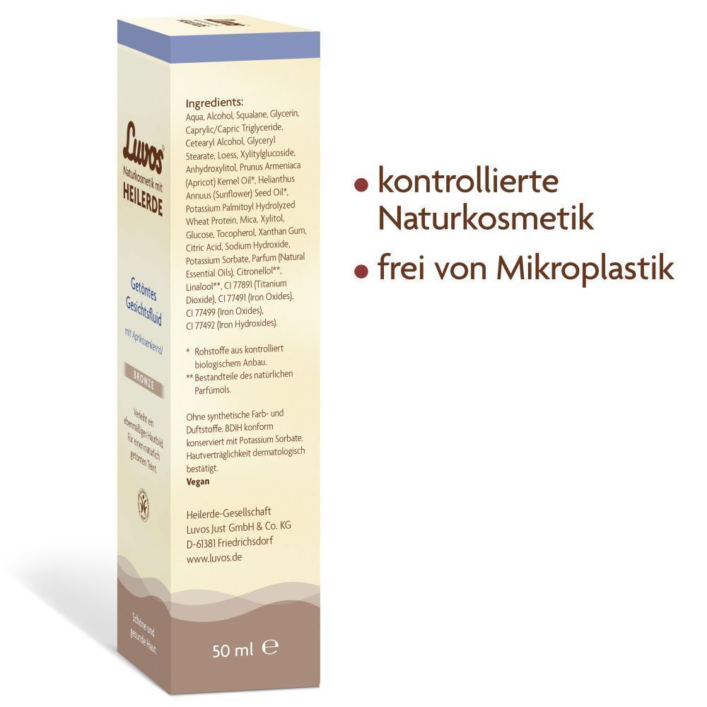 Rückseite der Produktverpackung von Luvos getöntes Gesichtsfluid. Inhaltsstoffe und Siegel.