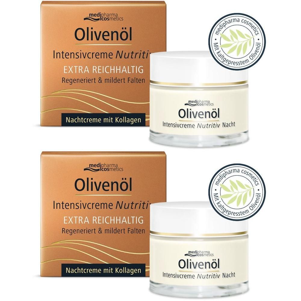 Zwei Cremes mit Kartons. Aufschrift: Olivenöl Intensivcreme Nutritiv Nachtcreme mit Kollagen. Medipharma cosmetics Logo und Olivenblatt.