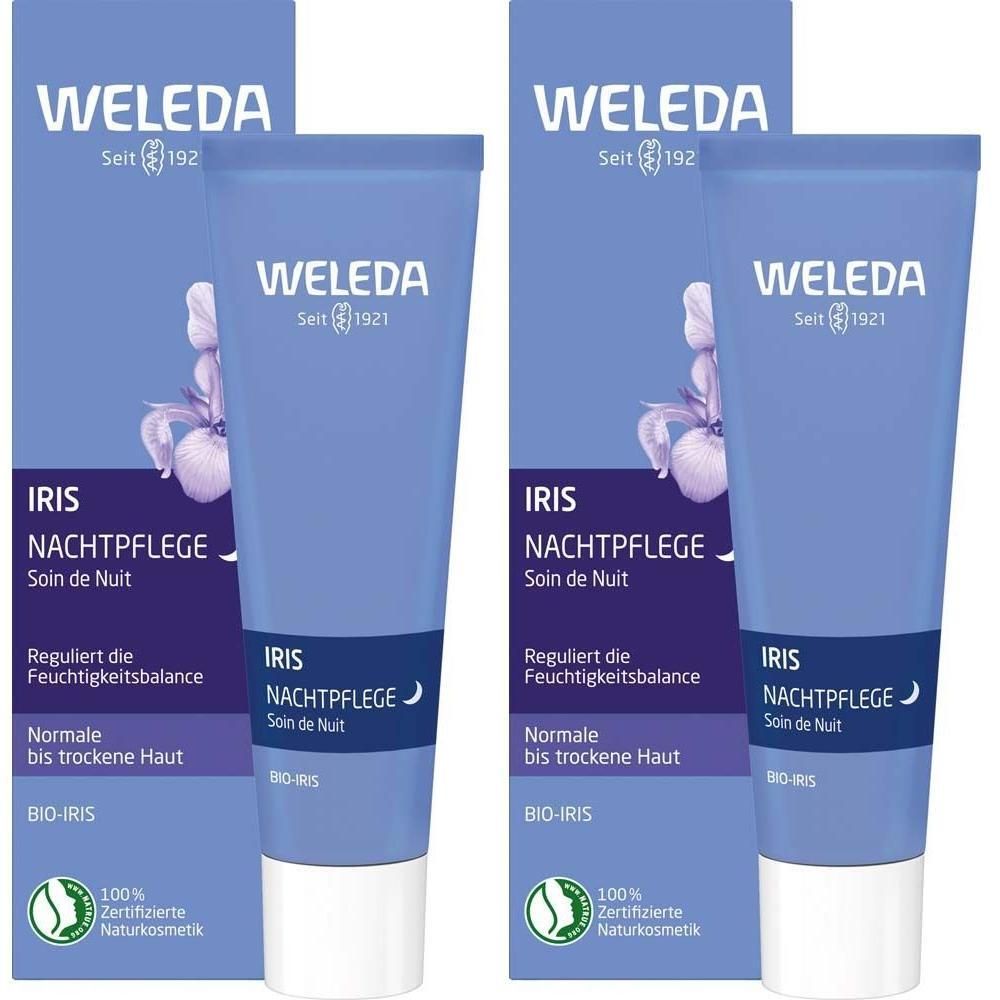 Zwei Tuben Nachtpflege in Verpackung. Marke WELEDA, Produktname IRIS Nachtpflege. Zertifiziertes Naturkosmetik-Siegel.