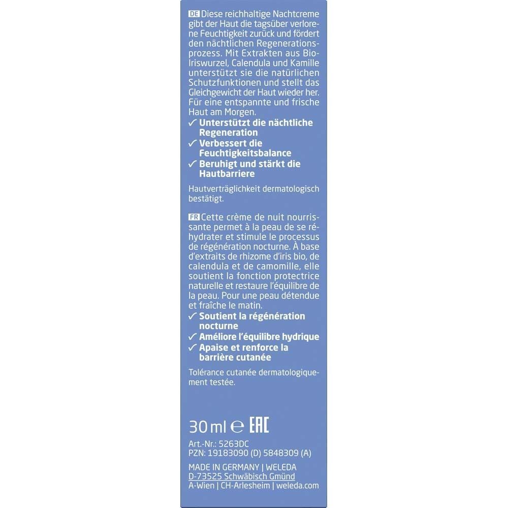 Text auf einer Verpackung. Beschreibt die Nachtpflege, Inhaltsstoffe, Vorteile und dermatologische Verträglichkeit. 30ml.
