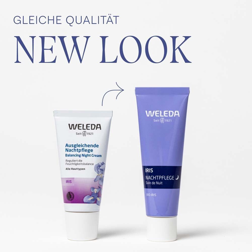 Vergleich von alter und neuer Verpackung. Links: Ausgleichende Nachtpflege. Rechts: IRIS Nachtpflege. Marke WELEDA.