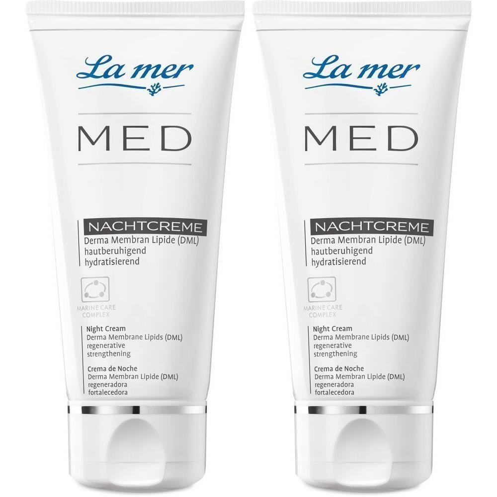 Zwei Tuben LA MER MED Nachtcreme. Weiße Tuben mit blauer Schrift. Aufschrift: MED, Nachtcreme, DML, hydratisierend.