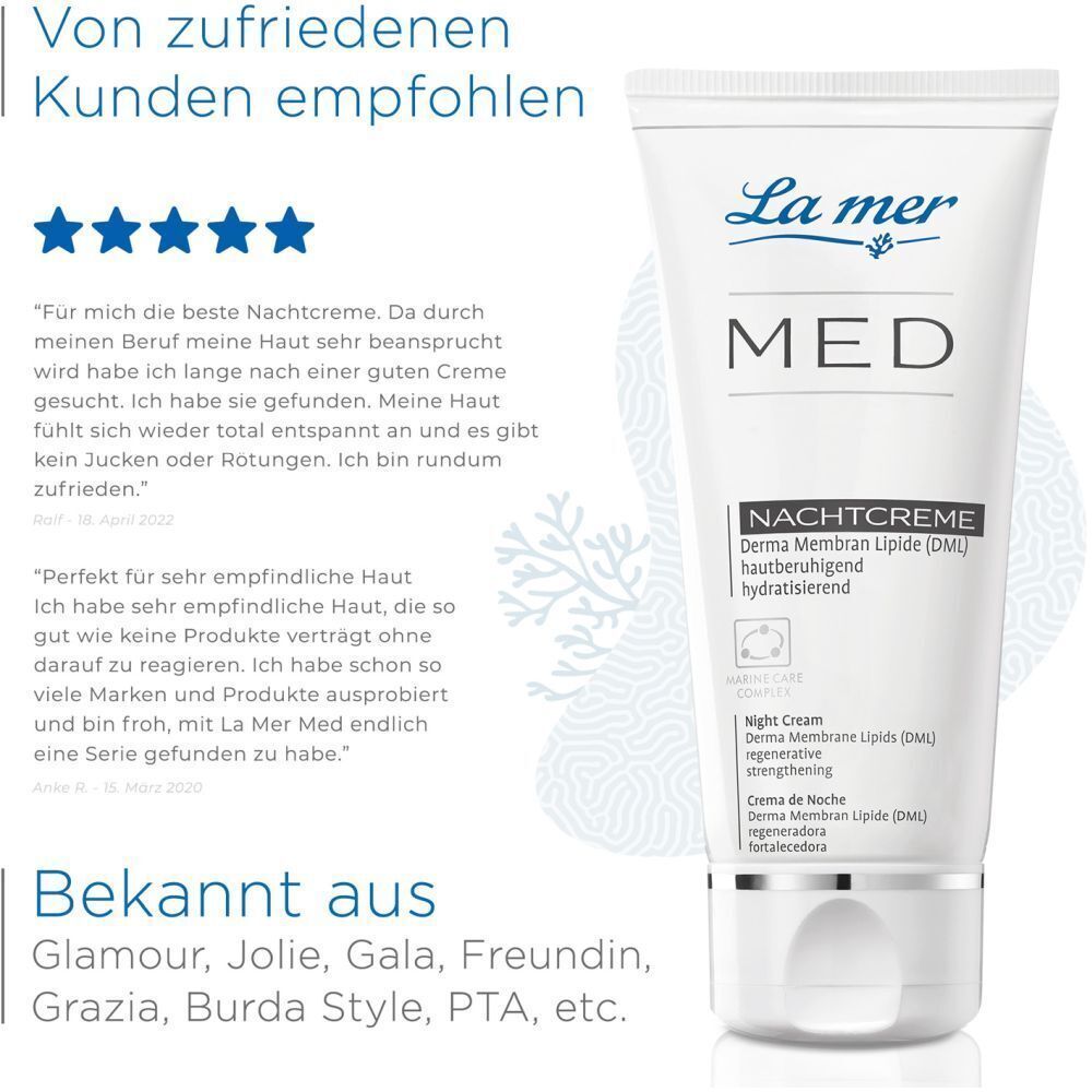 LA MER MED Nachtcreme neben Text: Von zufriedenen Kunden empfohlen. Sternebewertung. Bekannt aus Glamour, Jolie, Gala, Freundin, Grazia, Burda Style, PTA, etc.