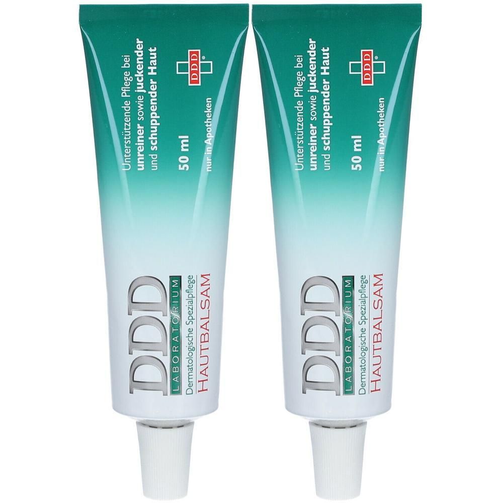 Zwei Tuben Hautbalsam. Weiß, mit grünem und blauem Farbverlauf. Aufschrift: DDD, HAUTBALSAM, 50 ml. Text in deutscher Sprache.