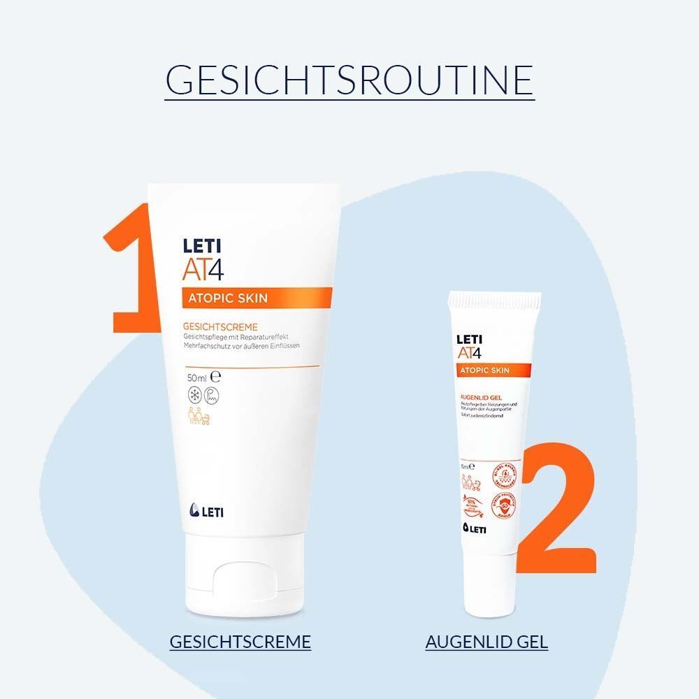 Gesichtsroutine: LETI AT4 Gesichtscreme und Augenlid Gel. Beide Produkte in weißen Tuben mit orangefarbenen Akzenten.