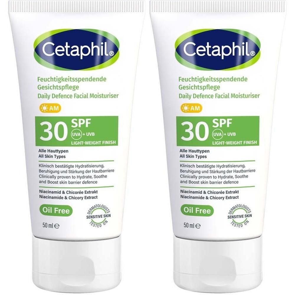 Zwei Tuben Cetaphil® Feuchtigkeitsspendende Gesichtspflege LSF 30. Weiße Tuben mit grünem Etikett. Text: Cetaphil, SPF 30, Oil Free, 50 ml.