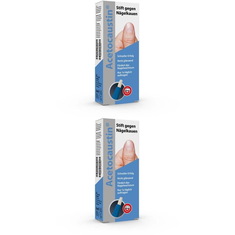 Zwei Packungen ACETOCAUSTIN Stift gegen Nägelkauen. Blaue und weiße Verpackung mit Produktname und Abbildung eines Fingers.
