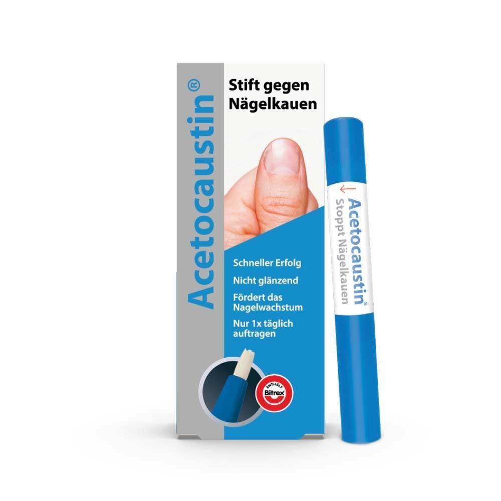 ACETOCAUSTIN Stift gegen Nägelkauen und Verpackung. Blaue Stift und weiße Verpackung mit Produktname und Text.
