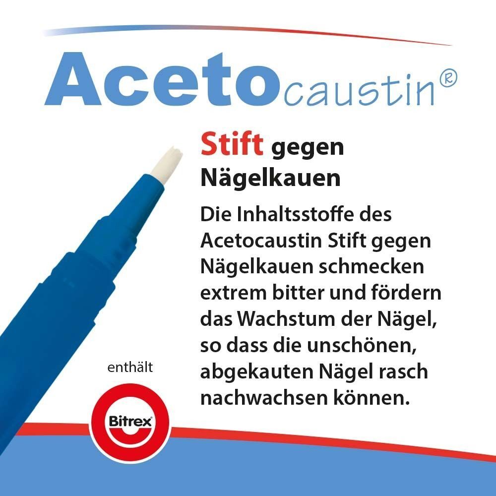 ACETOCAUSTIN Stift gegen Nägelkauen und Stift. Blauer Stift mit Produktname und Text. Enthält Bitrex-Logo.