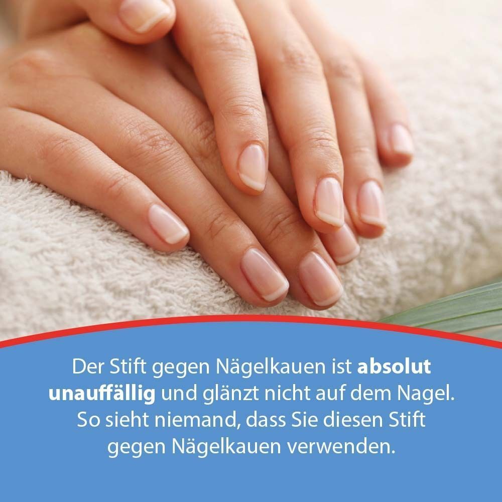 Hände mit gepflegten Nägeln. Text über ACETOCAUSTIN Stift gegen Nägelkauen. Der Stift ist unauffällig.