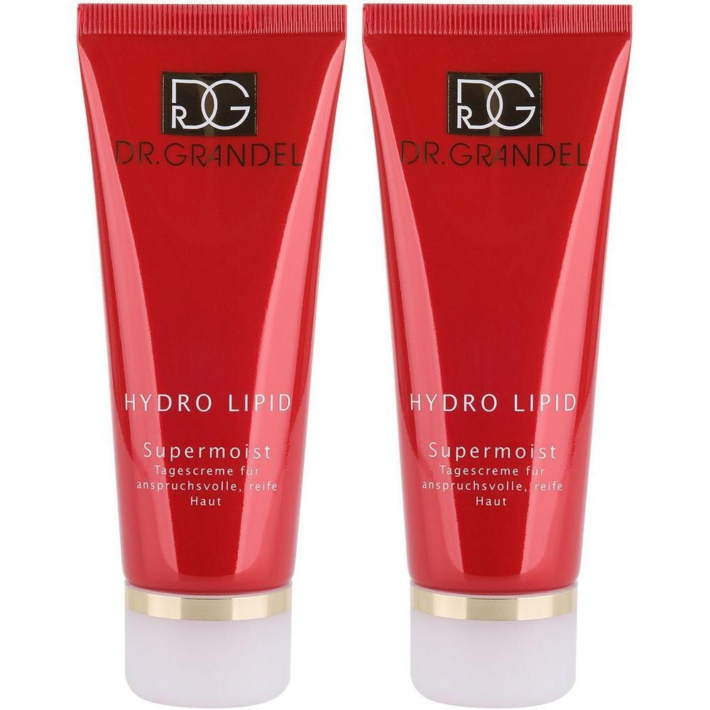 Zwei rote Tuben Creme. Auf jeder Tube steht "DR. GRANDEL", "HYDRO LIPID Supermoist". Weiße Kappe, goldener Ring.