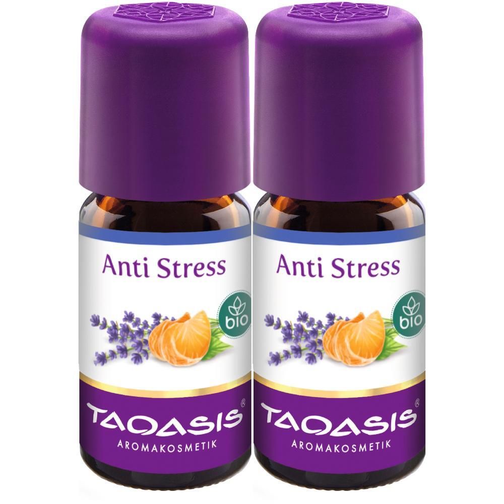Zwei Flaschen Bio-ätherisches Öl. Aufschrift: Anti Stress, Bio-Siegel. Marke: TAOASIS Aromakosmetik. Lila Deckel.