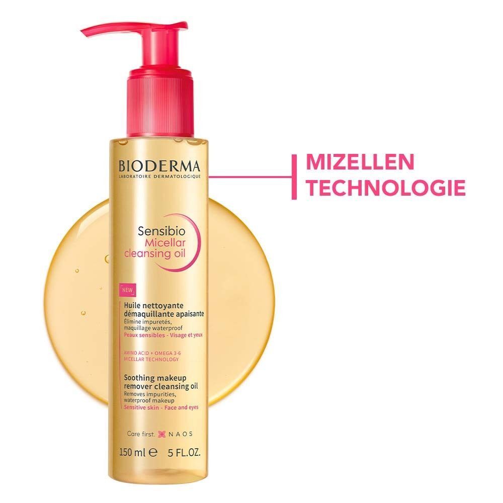 Flasche BIODERMA Sensibio Mizellenreinigungsöl mit gelber Flüssigkeit daneben. Rosa Pumpaufsatz. Text: MIZELEN TECHNOLOGIE.