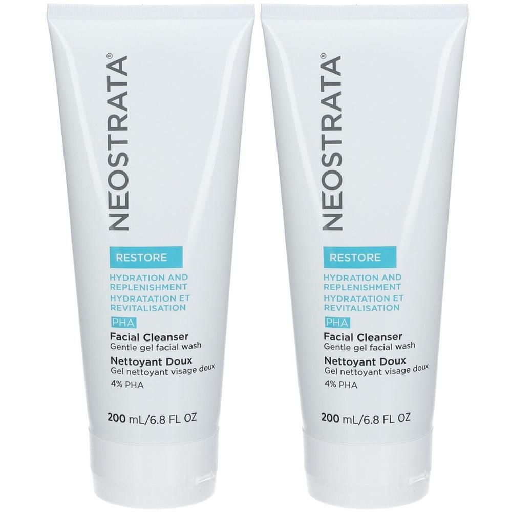 Zwei Tuben NEOSTRATA Facial Cleanser Gel. Weiße Tuben mit blauer Schrift. Enthält Text: Restore, Facial Cleanser, 4% PHA, 200 ml.