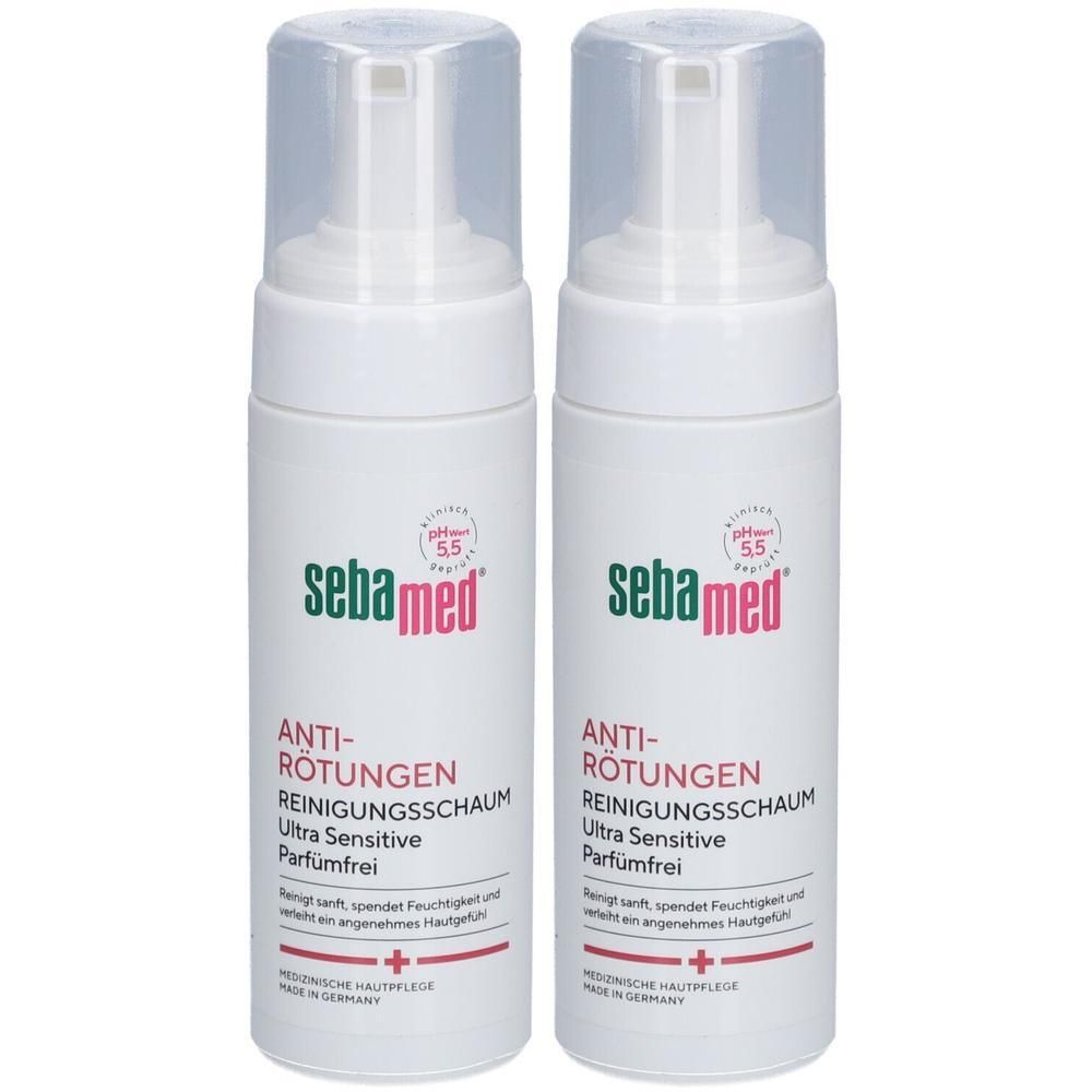 Zwei weiße Flaschen mit Sprühkopf. Aufschrift: sebamed, Anti-Rötungen Reinigungsschaum, Ultra Sensitive, Parfümfrei. pH-Wert 5,5.