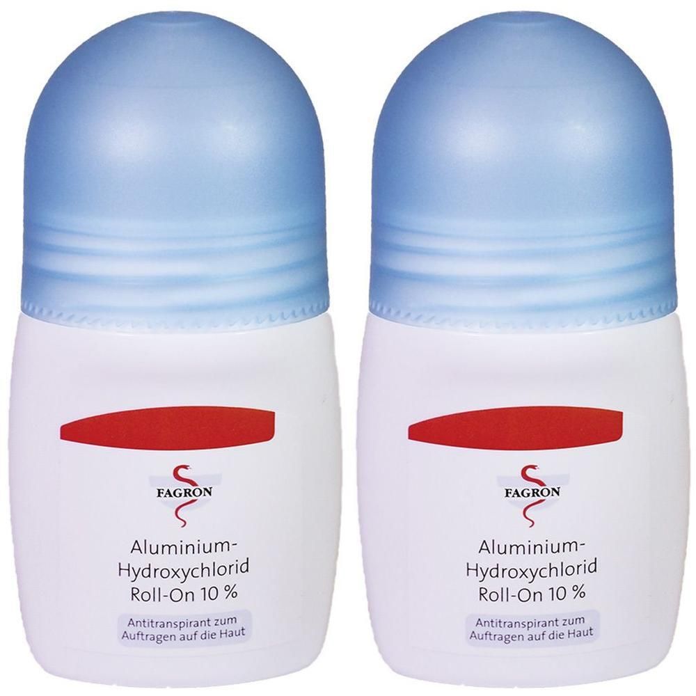 Zwei Roll-on-Deodorants mit blauem Deckel. Aufschrift: Fagron, Aluminium-Hydroxychlorid Roll-On 10%. Antitranspirant zum Auftragen auf die Haut.