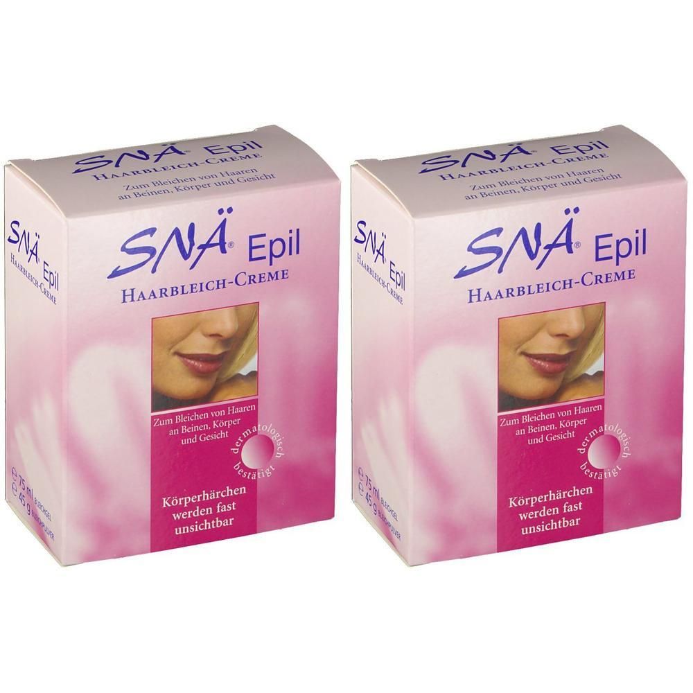 Zwei Packungen SNÄ Epil Haarbleich-Creme. Rosa und weißer Karton mit Produktnamen und Abbildung eines Gesichts. Text: Körperhärchen werden fast unsichtbar.