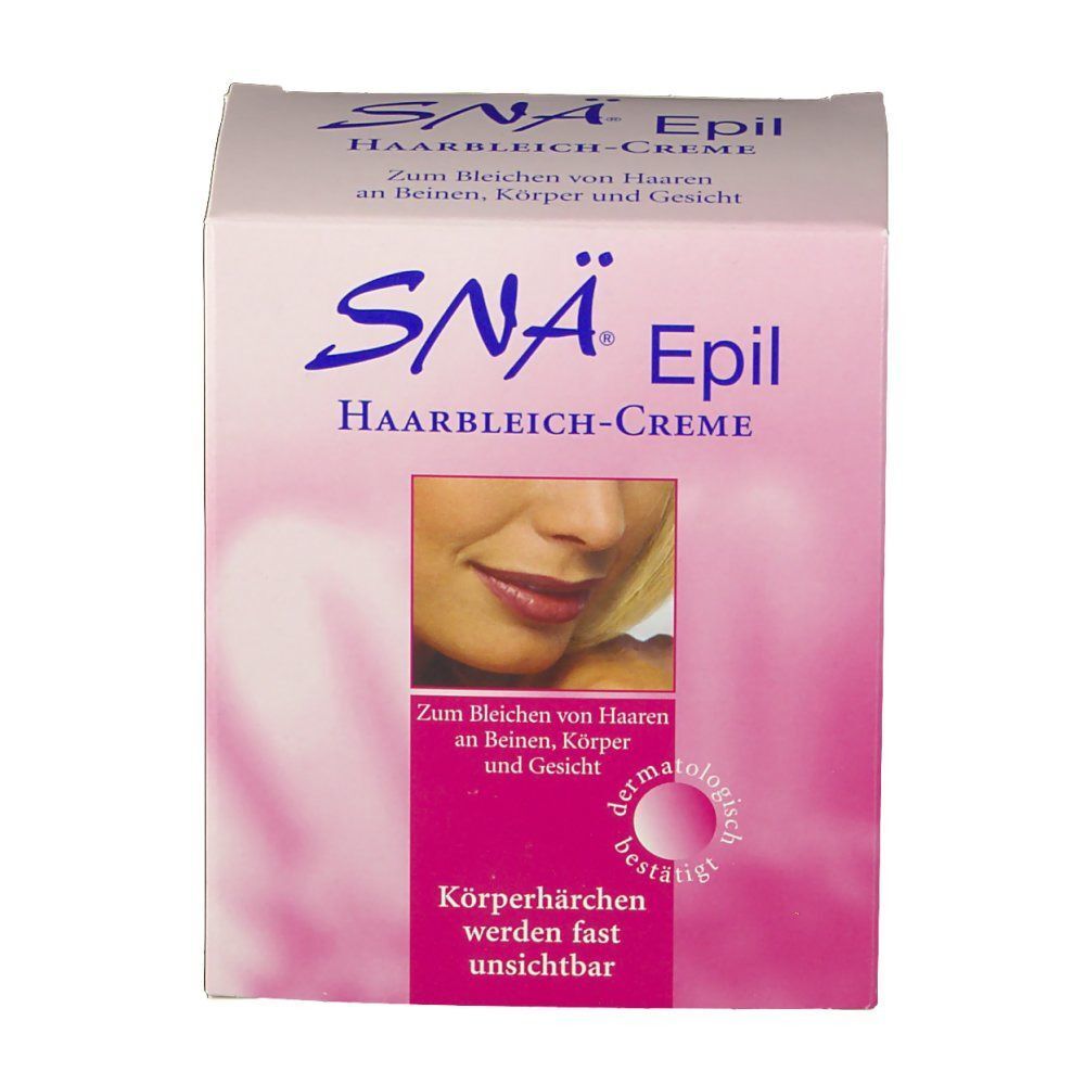SNÄ Epil Haarbleich-Creme Packung. Rosa und weißer Karton mit Produktnamen und Abbildung eines Gesichts. Text: Körperhärchen werden fast unsichtbar. Dermatologisch bestätigt.