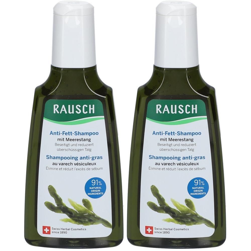 Zwei grüne Shampoo-Flaschen mit weißen Deckeln. Aufschrift: RAUSCH Anti-Fett-Shampoo mit Meerestang. 91% natürliche Inhaltsstoffe.