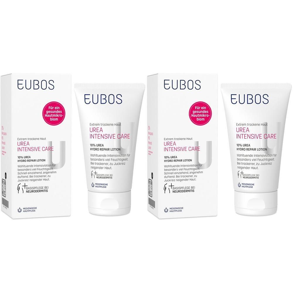 Mehrere Tuben und Verpackungen. Aufschrift: EUBOS Urea Intensive Care, 10% Urea Hydro Repair Lotion.
