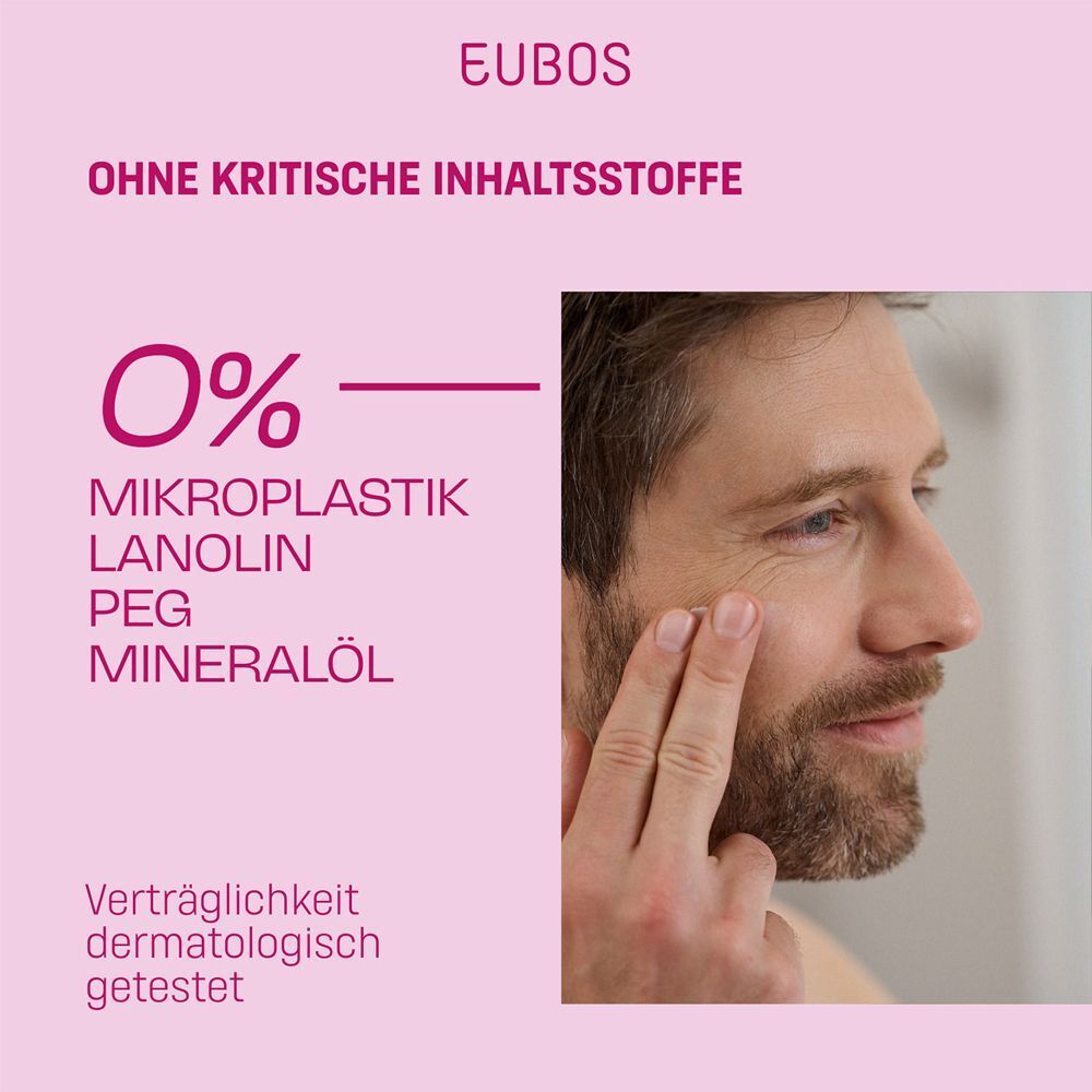 Mann mit Gesicht. Text: 0% Mikroplastik, Lanolin, PEG, Mineralöl. Dermatologisch getestet.