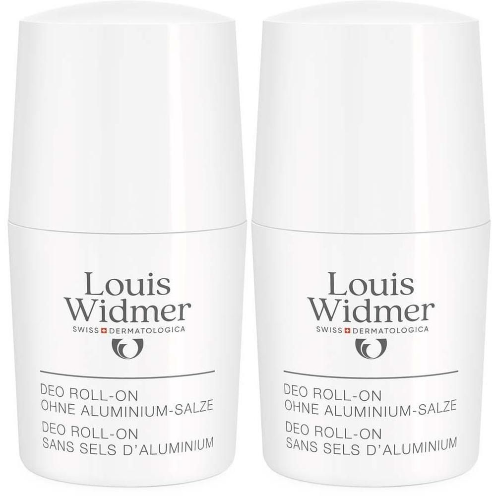 Zwei weiße Deo Roll-on Flaschen. Aufschrift: Louis Widmer, Deo Roll-on ohne Aluminium-Salze.