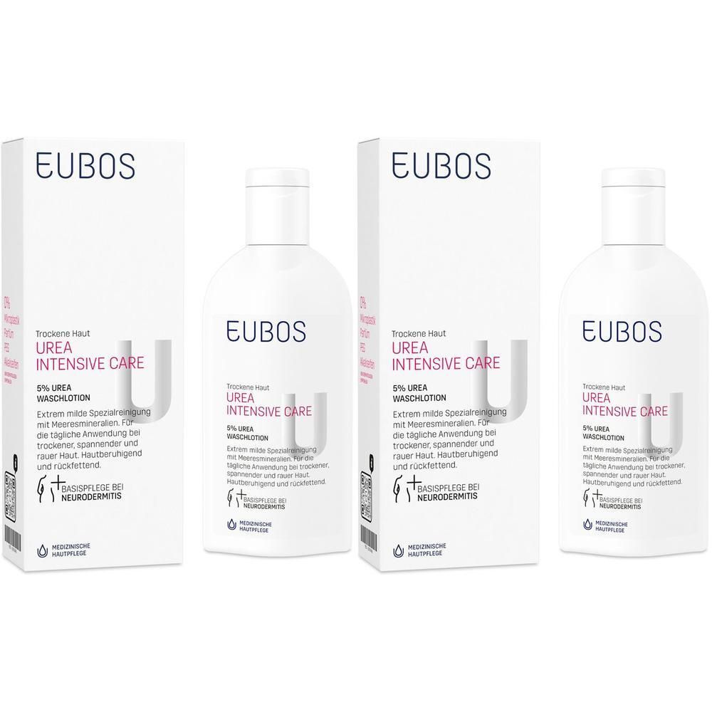 Mehrere Flaschen und Verpackungen von EUBOS Urea Intensive Care Waschlotion. Weiße Flaschen und Kartons mit blauer Schrift.