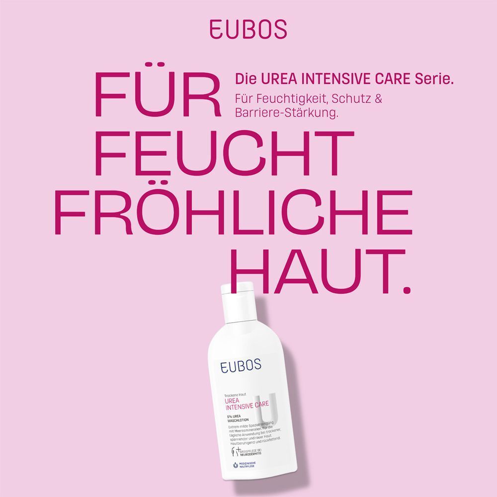 EUBOS Urea Intensive Care Waschlotion. Flasche auf rosa Hintergrund. Text: Für feuchte, fröhliche Haut.