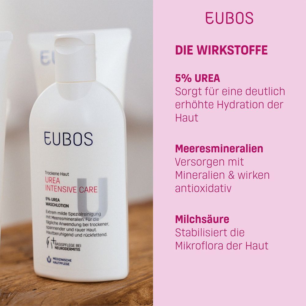 EUBOS Urea Intensive Care Waschlotion. Flasche auf rosa Hintergrund. Text: 5% Urea, Meeresmineralien, Milchsäure.
