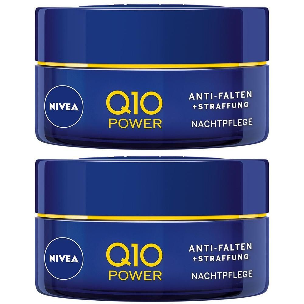 Zwei blaue Tiegel mit gelber Schrift: Q10 Power Anti-Falten Nachtpflege. NIVEA-Logo links. Deckel mit gelbem Streifen.