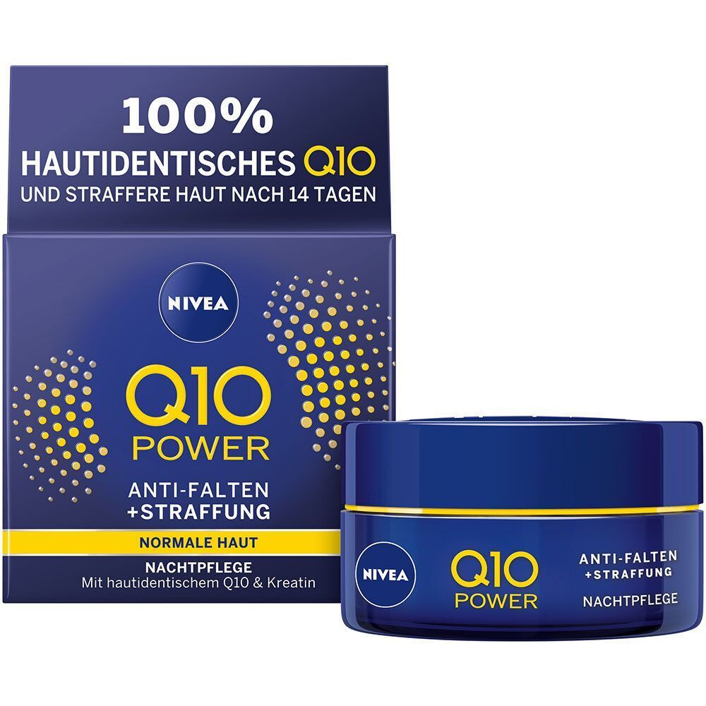 Blauer Tiegel und Schachtel. Auf dem Tiegel: Q10 Power Anti-Falten Nachtpflege. NIVEA-Logo. Auf der Schachtel: Q10 und Text.