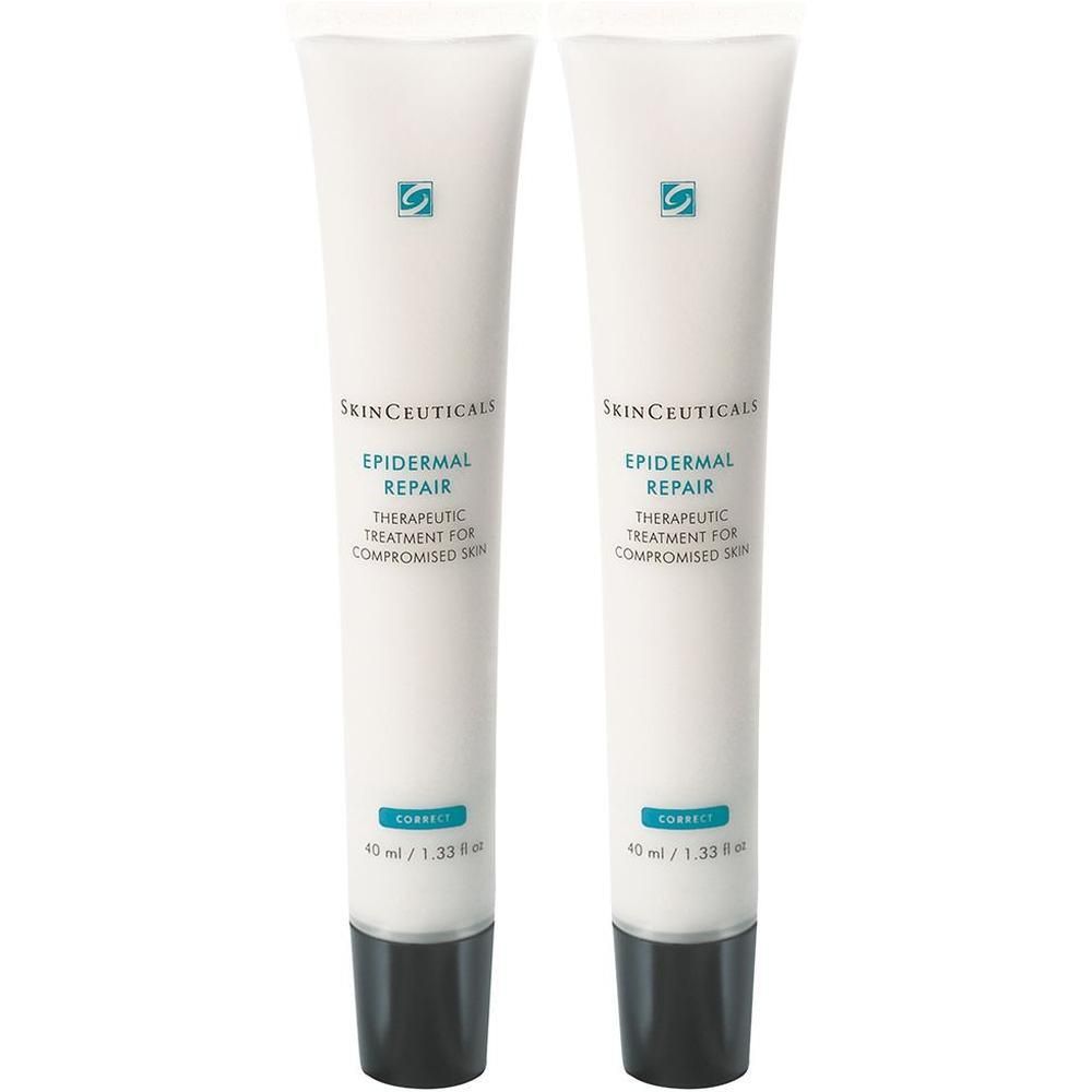 Zwei Tuben SKINCEUTICALS Epidermal Repair. Weiße Tuben mit schwarzem Verschluss. Aufschrift: Epidermal Repair, 40 ml / 1.33 fl oz.