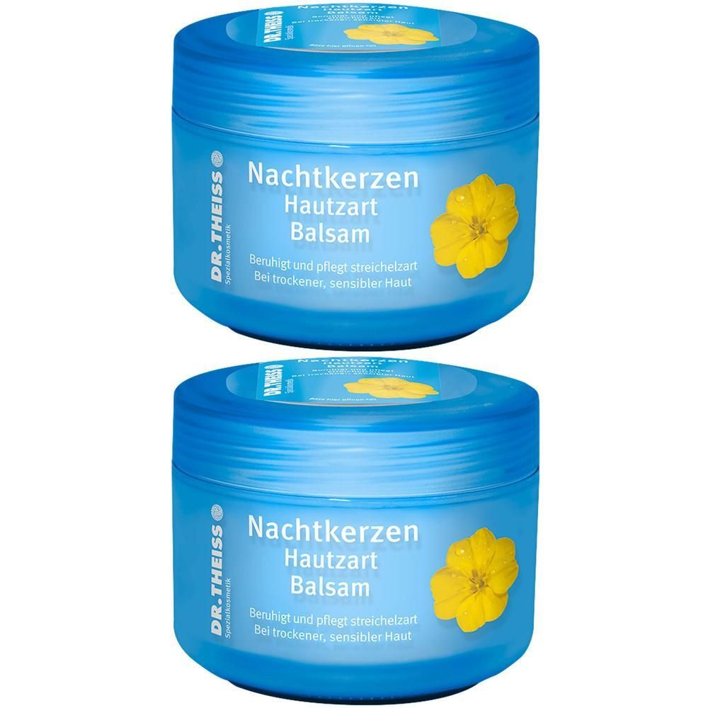 Zwei blaue Tiegel mit Aufschrift Nachtkerzen Hautzart Balsam. Gelbe Blüte abgebildet. Marke: DR.THEISS. Text: Beruhigt und pflegt streichelzart.