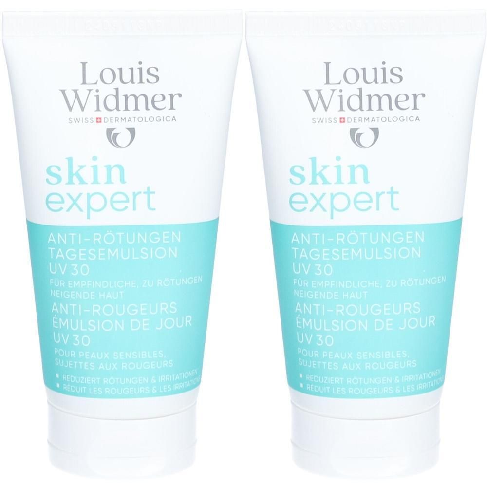 Zwei Tuben mit weißem Hintergrund. Aufschrift: Louis Widmer skin expert, Anti-Rötungen Tagesemulsion UV 30. Für empfindliche Haut.
