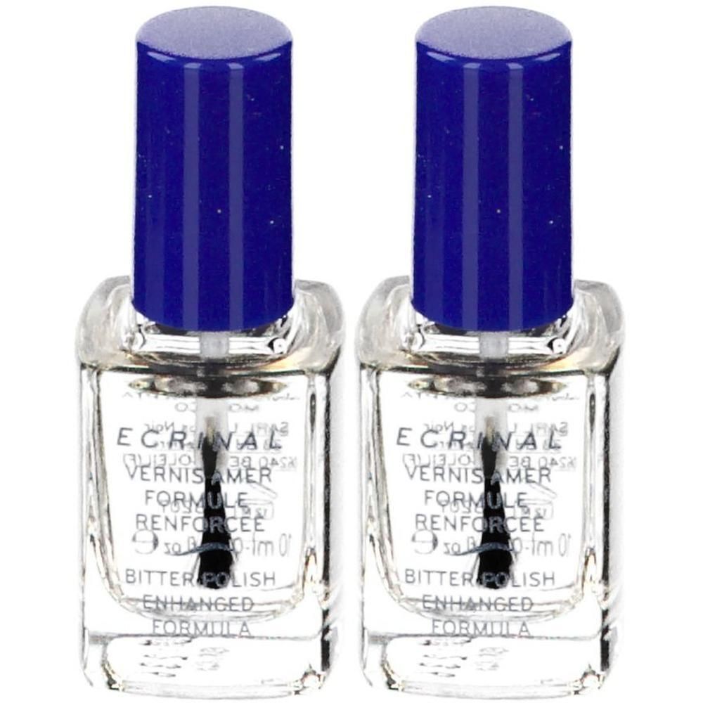 Zwei Flaschen Nagellack mit blauem Deckel. Aufschrift: ECRINAL, VERNIS AMER, FORMULE RENFORCEE, BITTER POLISH, ENHANCED FORMULA.