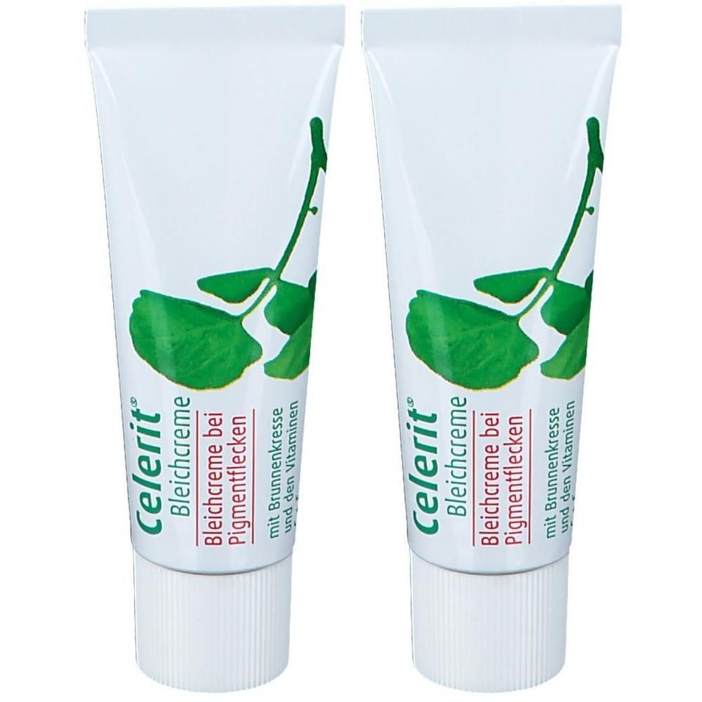 Zwei weiße Tuben Celerit Bleichcreme. Auf jeder Tube sind grüne Blätter abgebildet. Text: Bleichcreme bei Pigmentflecken.