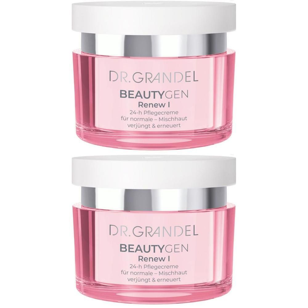 Zwei Tiegel Creme. Rosa Glas, weißer Deckel. Schriftzug: DR. GRANDEL BEAUTYGEN Renew I. 24-h Pflegecreme für normale-Mischhaut.