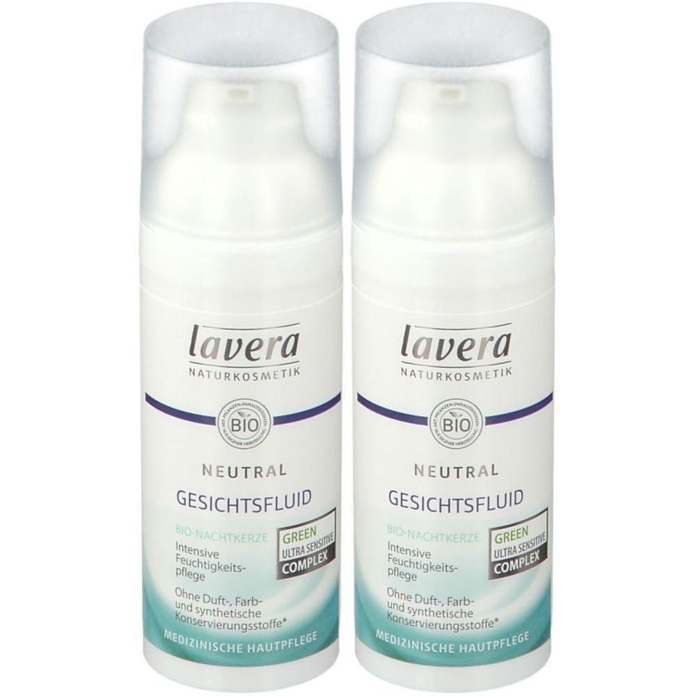 Zwei weiße Flaschen mit dem Aufdruck "lavera". Aufschrift "Neutral Gesichtsfluid". Bio-Siegel. Transparenter Deckel.
