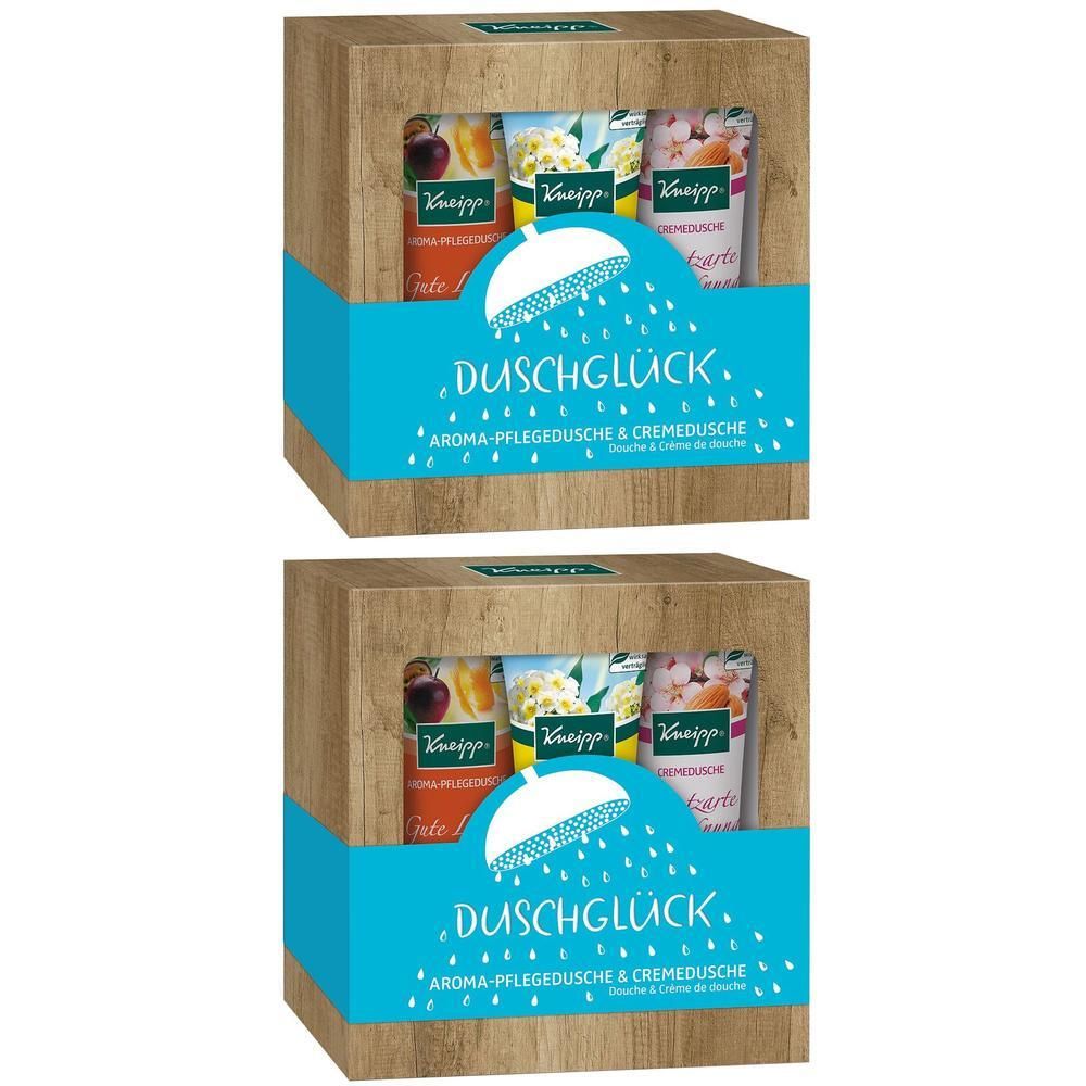 Geschenkpackung mit Duschgelen. Holzoptik-Box mit blauer Banderole und Produktnamen. Enthält drei verschiedene Duschgel-Tuben.