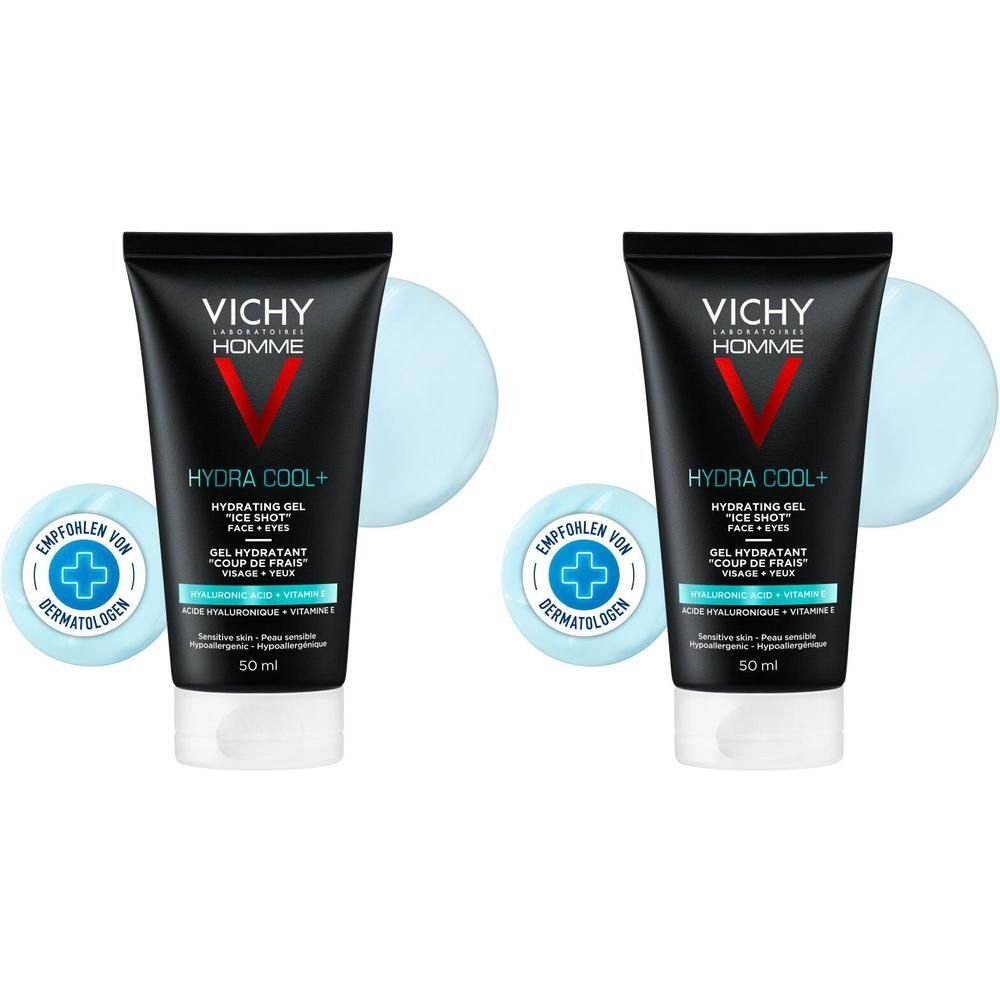 Zwei schwarze Tuben VICHY HOMME Hydra Cool+ Gel, 50 ml. Mit weißem Deckel und blauem Hintergrund. Aufschrift: EMPFOHLEN VON DERMATOLOGEN.