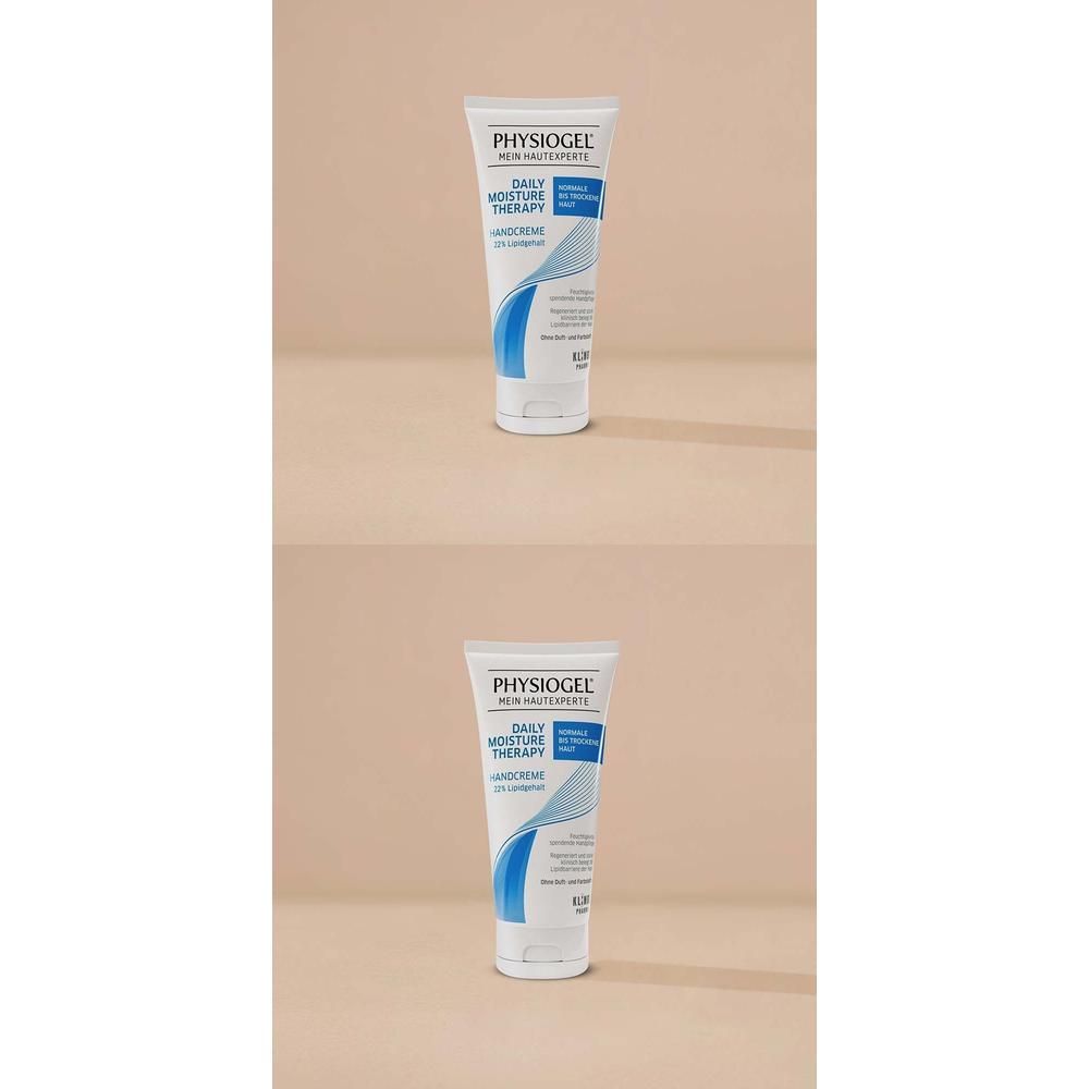 Zwei Tuben PHYSIOGEL Daily Moisture Therapy Handcreme. Weiße Tuben mit blauer und hellblauer Grafik. Produktname und Logo sichtbar.