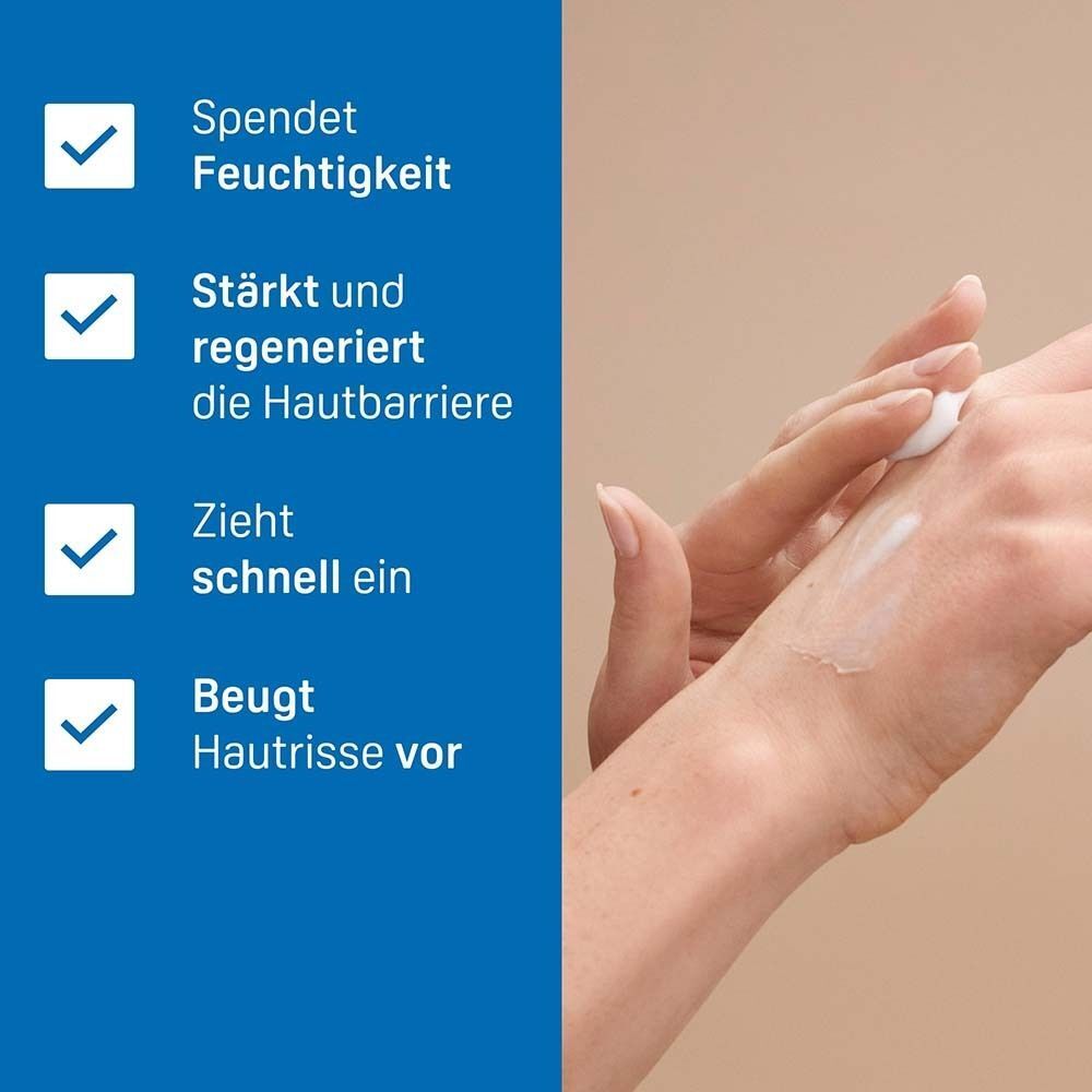 Handcreme wird auf Hand aufgetragen. Text: Spendet Feuchtigkeit, Stärkt und regeneriert, Zieht schnell ein, Beugt Hautrisse vor.