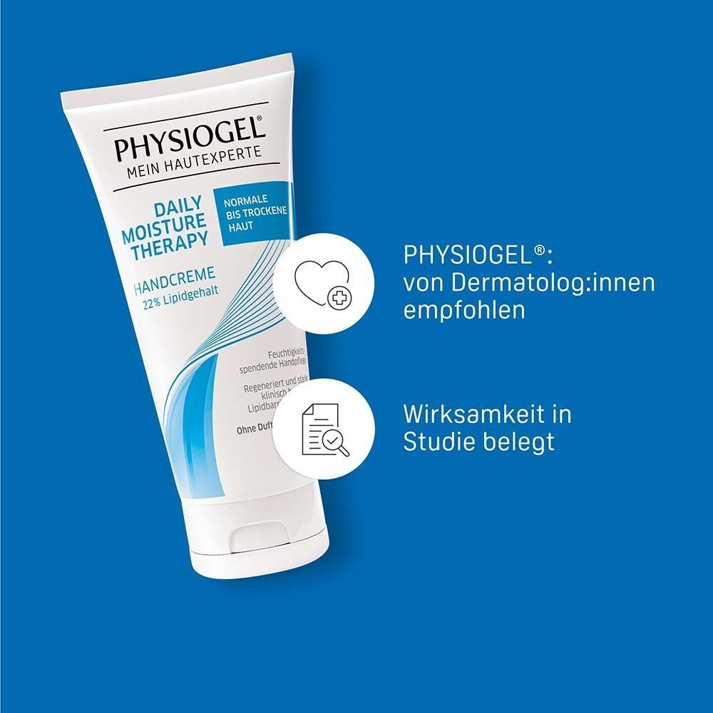 PHYSIOGEL Handcreme, blaue Grafik. Text: Von Dermatologen empfohlen, Wirksamkeit in Studie belegt. Hintergrund blau.