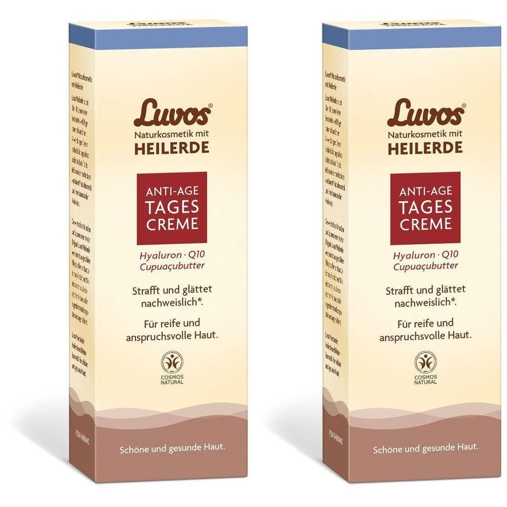 Zwei Kartons Luvos Anti-Age Tagescreme. Beige-braune Verpackung mit Logo und Produktinformationen. Cosmos Natural Siegel.