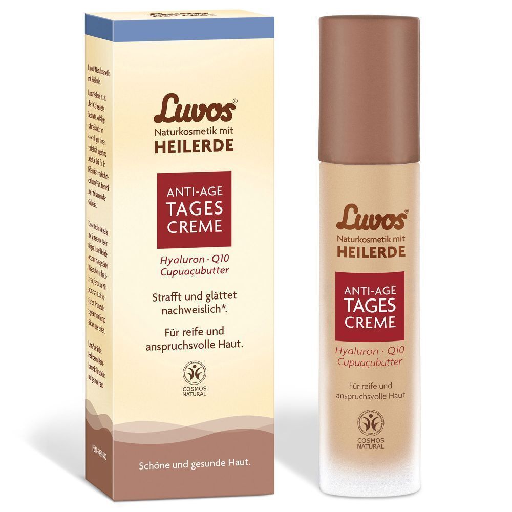 Luvos Anti-Age Tagescreme und Verpackung. Beige-braune Verpackung mit Logo und Produktinformationen. Creme-Tube daneben.